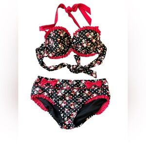 Hot Topic Polka Dot Rose Skull Bikini Sz XS Top M Bottom Black Red Ruffles Bows